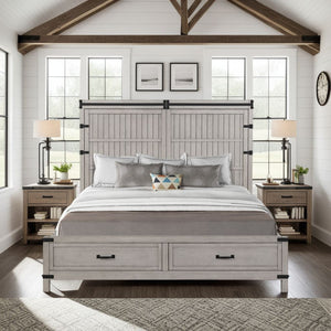 English Elm Alexandria King Storage Bed with USB Ports, Plank Inlay & 2 Drawers, Mountain Mist Rustic Chic B108S00031