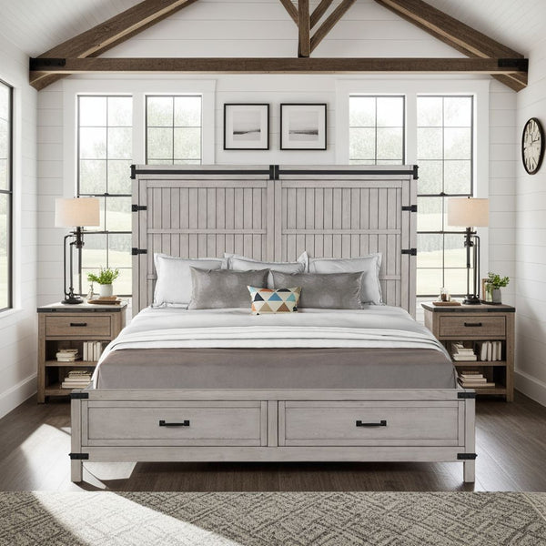 English Elm Alexandria King Storage Bed with USB Ports, Plank Inlay & 2 Drawers, Mountain Mist Rustic Chic B108S00031
