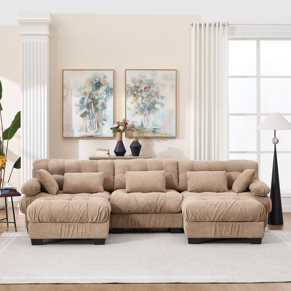 English Elm U Shaped Modular Cloud Sectional Deep Seat Flannelette Sofa with Rounded Bolster Armrests Light Brown W2120S00038