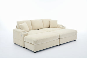English Elm Corduroy Upholstered Chaise Lounge Sofa with Movable Ottoman, Cup Holder, Deep Seat Comfort Beige W2120S00008