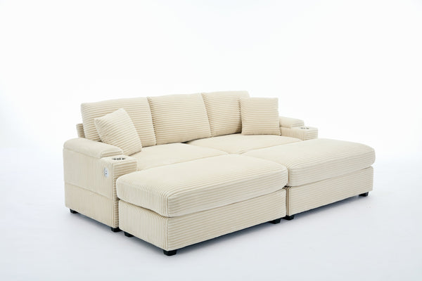 English Elm Corduroy Upholstered Chaise Lounge Sofa with Movable Ottoman, Cup Holder, Deep Seat Comfort Beige W2120S00008