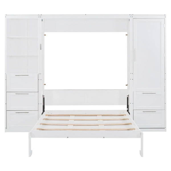 English Elm Queen Murphy Wall Bed with Wardrobe Drawers and Shelves for Studio or Guest Room White LP000865AAK-1