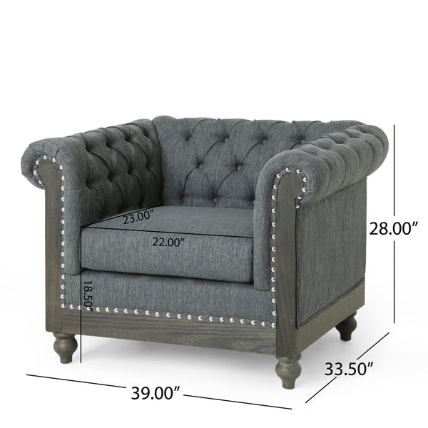 English Elm Christopher Knight Home® - CLUB Club Chair Chesterfield-Inspired Tufted PU Upholstery with Nailhead Trim, Scrolled Arms, Turned Legs Charcoal 39.25 L x 34.25 W x 25 H 72069.00FCHAR