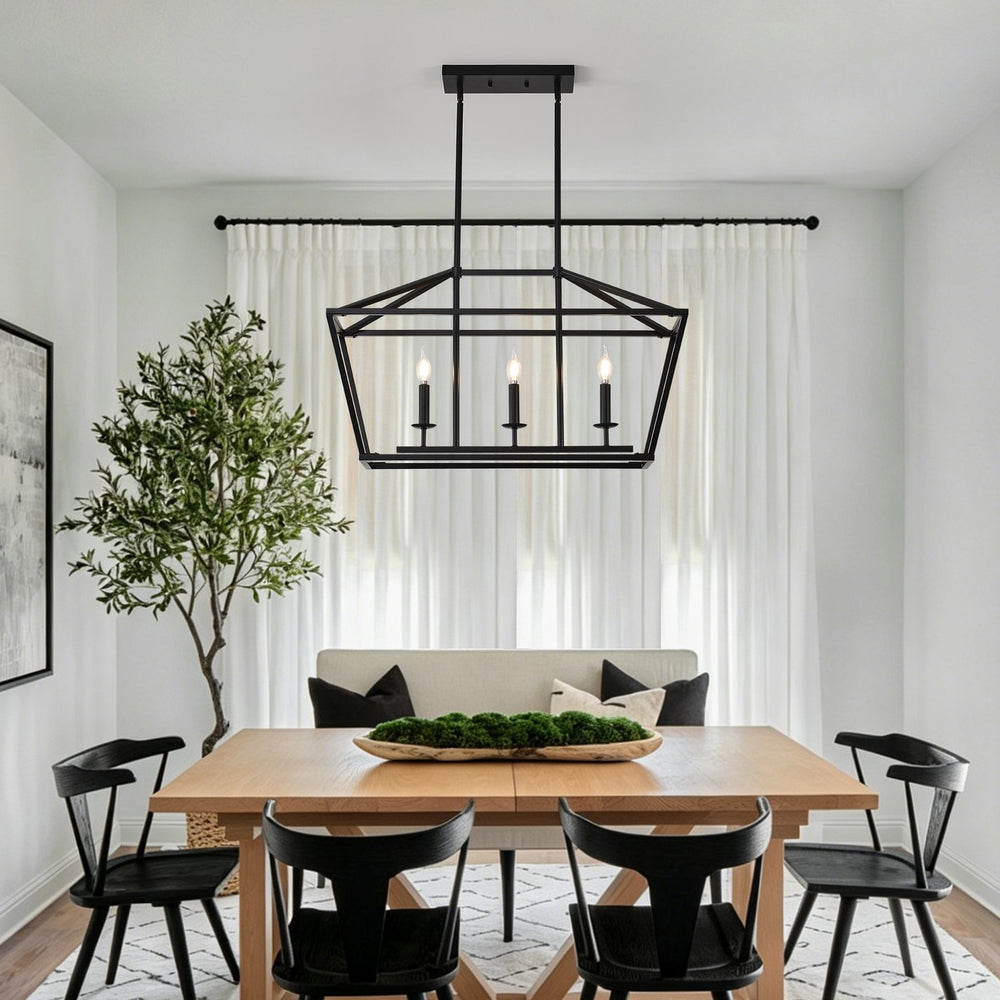English Elm 3-light Industrial Farmhouse Linear Chandelier Matte Black Metal for Island or Dining W5008P465017