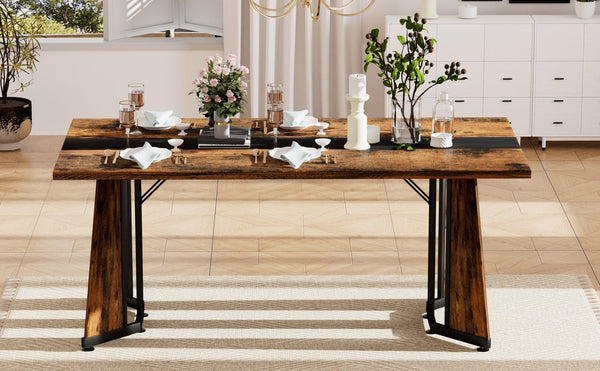 English Elm 70.9"Rectangular Waterproof Large Dining Table for 8 with Marble Top, Steel Frame, Adjustable Legs Black,Rustic Brown W1162P291767