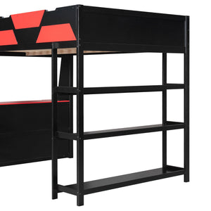 English Elm Full Size Gaming Loft Bed with Led Lighting Desk Shelves and Usb Charging Ports Black+Red N820S00076J