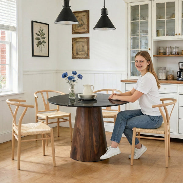English Elm Table and Chair Set 42 Inch Round Stone Look Top with Wishbone Iron Dining Chairs W2920S00143