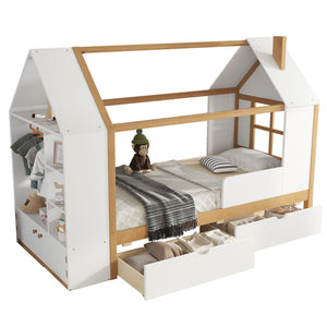 English Elm Twin House Frame Bed Pine Wood with Storage Drawers and Shelves for Kids Bedroom W1580S00572