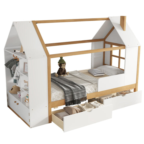 English Elm Twin House Frame Bed Pine Wood with Storage Drawers and Shelves for Kids Bedroom W1580S00572