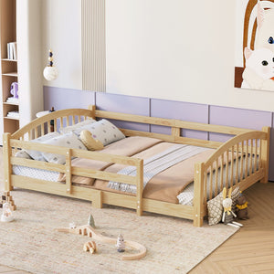 English Elm Full Montessori Pine Wood Floor Bed with Safety Rails Low Profile Kids Room Frame Natural N733P400299N