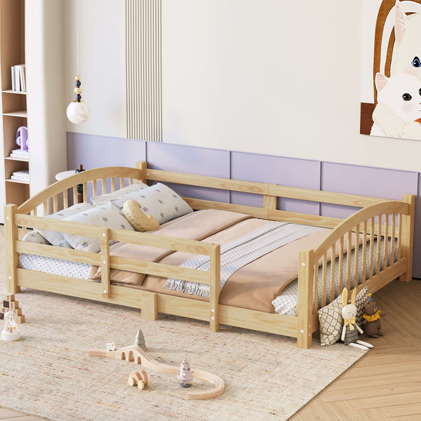 English Elm Full Montessori Pine Wood Floor Bed with Safety Rails Low Profile Kids Room Frame Natural N733P400299N