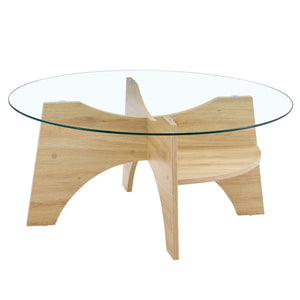 English Elm Round Tempered Glass Coffee Table with Fan Pedestal Base for Modern Living Rooms Natural Wood,Transparent W1151P256001