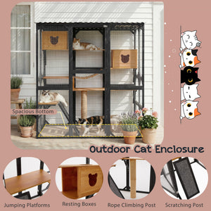 English Elm Outdoor Fir Wood Window Catio Enclosure with Four Climbing Platforms for Cats Black,Brown N719P418377D