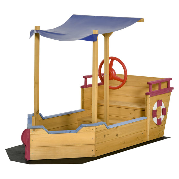 English Elm Outsunny Wooden Pirate Ship Sandbox with Canopy Storage Bench Outdoor Kids Play W2225P217334