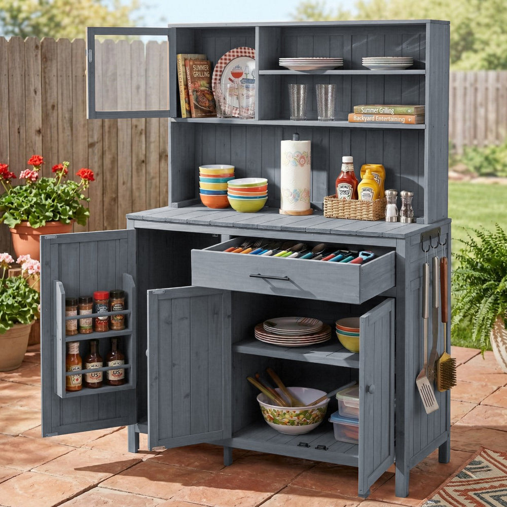 English Elm (with Hutch) Topamx Solid Fir Potting Bench Patio Workstation Spice Rack Drawer Gray N717P404330E