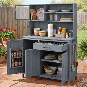 English Elm (with Hutch) Topamx Solid Fir Potting Bench Patio Workstation Spice Rack Drawer Gray N717P404330E