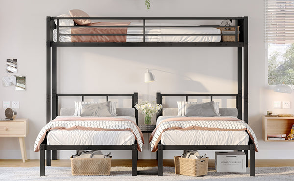 English Elm Twin Metal Triple Bunk Bed With Built-In Shelving, Space-Saving Design For Kids & Guests, Black Finish W1580S00118-GIGA