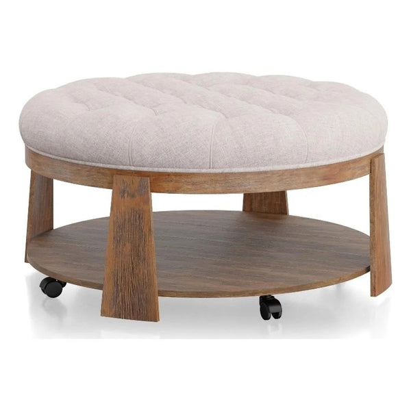 English Elm Transitional Round Coffee Table with Wire-Brushed Frame, Button-Tufted Padded Seat and Open Shelf, Rustic Finish Beige,Natural 44 L x 44 W x 9 H B2741P360141