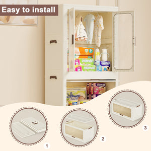English Elm Portable Kids Wardrobe Cabinet with Magnetic Doors Hanging Rod and Four Cube Storage W2699P210481