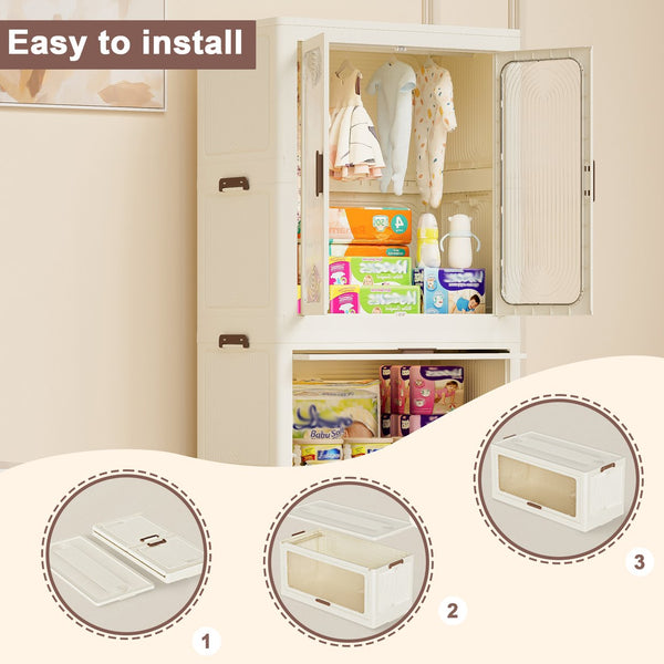 English Elm Portable Kids Wardrobe Cabinet with Magnetic Doors Hanging Rod and Four Cube Storage W2699P210481