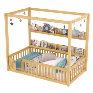 English Elm Twin House Floor Bed with Door and Full-Length Guardrails, Solid Wood Double Twin Floor Bed for Kids' Playful Rooms Natural W1580P359329