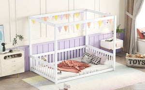 English Elm Full Full Size Canopy Frame Rubber Wood Floor Bed with Fence Guardrails White – Imaginative Kids Retreat, 400 lb Capacity, Malaysian Craftsmanship W504P364861