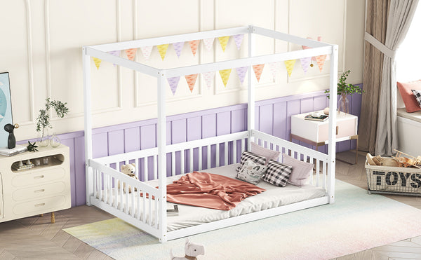 English Elm Full Full Size Canopy Frame Rubber Wood Floor Bed with Fence Guardrails White – Imaginative Kids Retreat, 400 lb Capacity, Malaysian Craftsmanship W504P364861