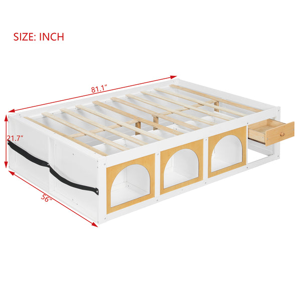 English Elm Full Size Kids Platform Bed with Led Lighting Bookshelf Display Cabinet and Storage Drawer White+Natural N820S00077K