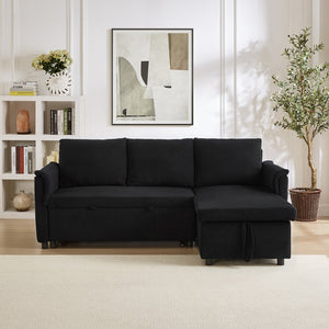 English Elm Loveseat Sectional Sleeper Sofa with Corduroy Tufted Upholstery Storage Chaise Reclining Black W2186S00011