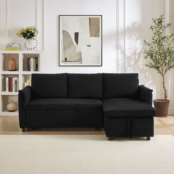 English Elm Loveseat Sectional Sleeper Sofa with Corduroy Tufted Upholstery Storage Chaise Reclining Black W2186S00011