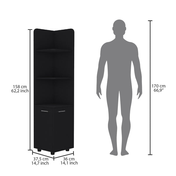 English Elm Malibu 62" Tall Corner Linen Cabinet Black Particle Board with Double Doors, 4 Shelves, Modern Legs B070P210744