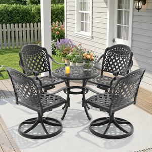 English Elm 5-piece Outdoor Cast Aluminum Bistro Set with Ornate Swivel Chairs and Round Patio Table W1710S00682