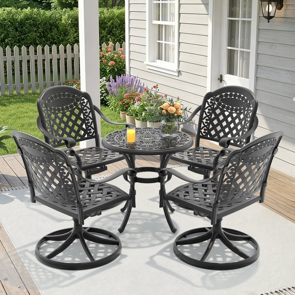 English Elm 5-piece Outdoor Cast Aluminum Bistro Set with Ornate Swivel Chairs and Round Patio Table W1710S00682