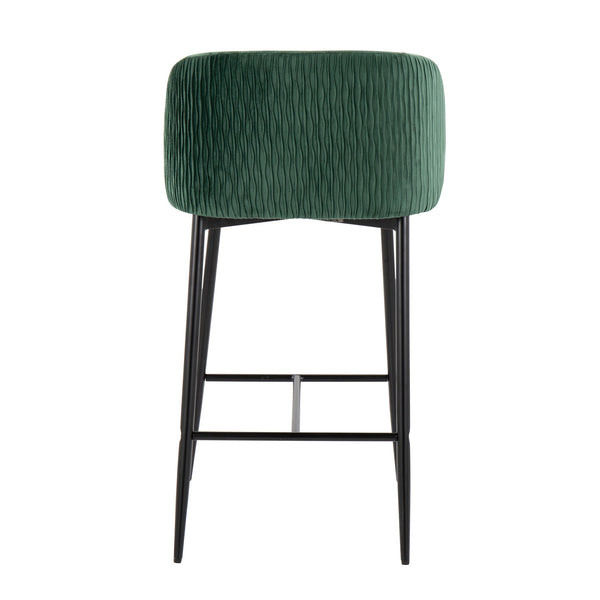 English Elm Fran Pleated Waves Counter Stool Set Of 2 - Luxurious Green Velvet & Modern Black Metal Design B202S00279