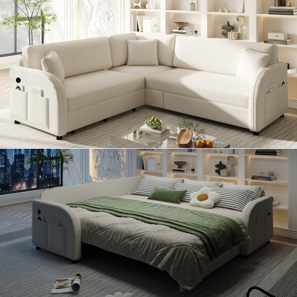 English Elm 85.1" Teddy Plush L-shaped Sectional Sleeper Sofa with Usb Ports and Pull Out Bed Beige+White W1885S00319