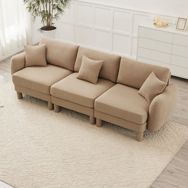 English Elm Boucle 3-Seater Sofa With Sculptural Shell Armrests, Plush Coffee Fabric, And Modern Cylindrical Legs W3041S00284