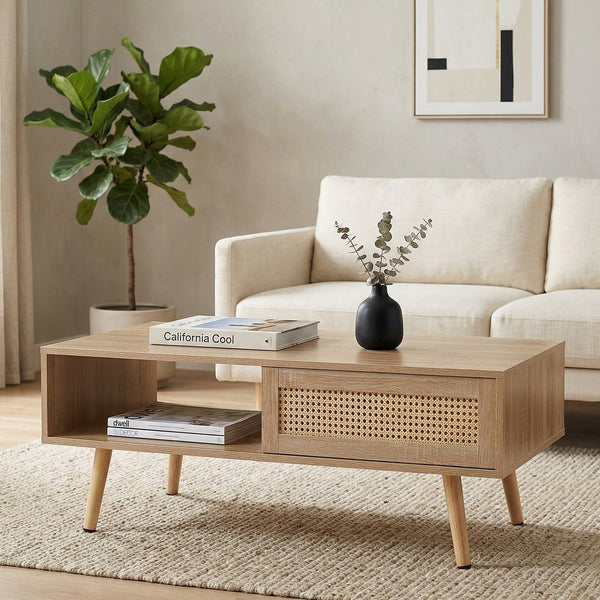 English Elm 41.34" Woven Rattan Coffee Table with Sliding Storage Door and Solid Wood Legs W126573113