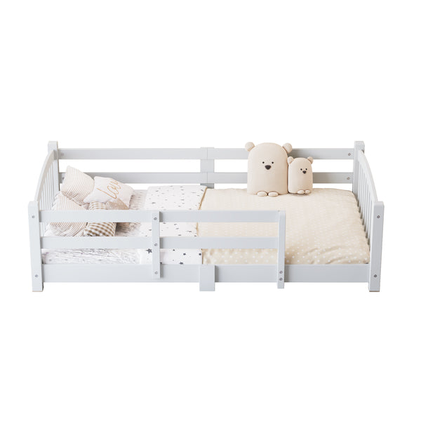 English Elm Twin Montessori Floor Bed Solid Pine Frame with Safety Guardrails for Kids Bedroom White N733P400298K