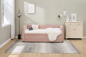 English Elm Pink velvet daybed with diamond-grid pull-out trundle, modern velvet MDF frame, twin size elegance and extra sleep space W1361S00030