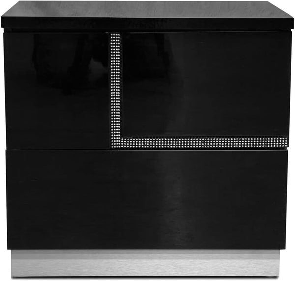 English Elm Modern Lacquer 2-Drawer Nightstand with Rhinestones, High Gloss Black Bedside Table, Chrome Base B011P353771