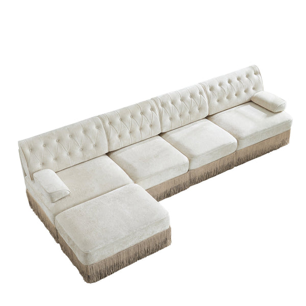 English Elm 135" Modular Velvet Sectional Sofa Chesterfield Tufted Tassel Skirt Living Room W714S01689