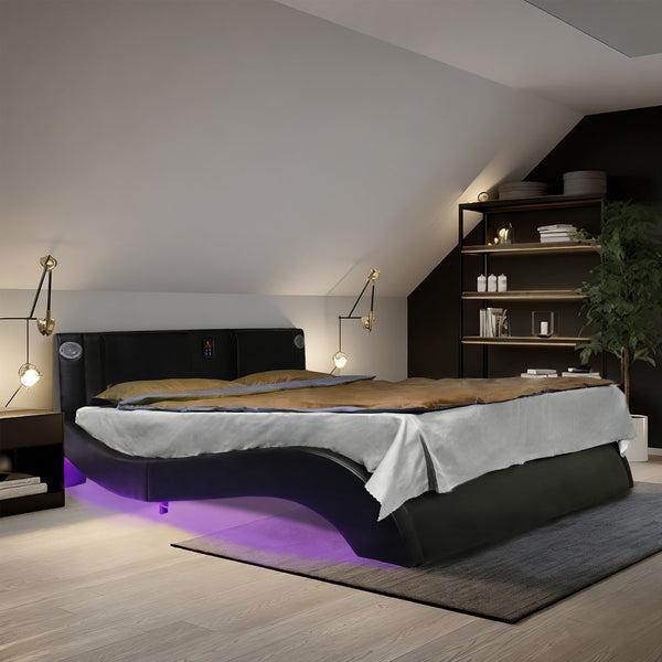 English Elm Faux Leather Queen Platform Bed Curved Headboard Rgb Lighting Bluetooth Massage W2297S00028