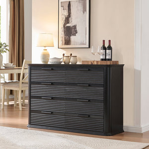 English Elm Fluted Wave Panel 7 Drawer Mdf Dresser Modern Bedroom Storage with Tv Stand Top Black Woodgrain T5326P425098