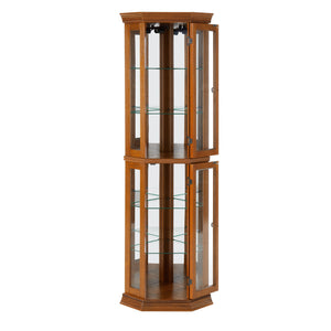 English Elm Corner Curio Cabinet with Lighted Top, Mirrored Back, Tempered Glass Shelves, Walnut Finish Elegance Oak W1693P165016