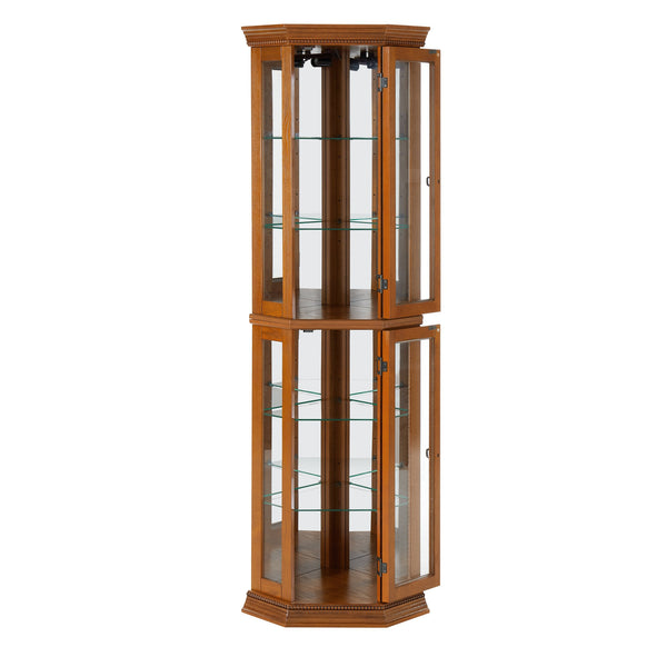 English Elm Corner Curio Cabinet with Lighted Top, Mirrored Back, Tempered Glass Shelves, Walnut Finish Elegance Oak W1693P165016