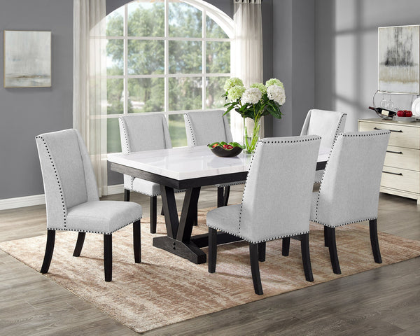 English Elm 7pc Genuine Marble Rectangular Dining Set with Wingback Chairs and Tufted Bench B011S00993