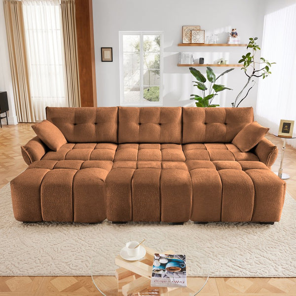 English Elm 3 Seater Chenille Sofa Set with Ottomans Tufted Arms Solid Wood Frame Lounge Ready Burnt Orange W714S01669