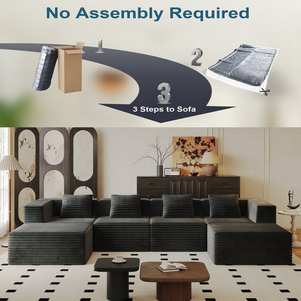 English Elm Modular Sectional Couch - Boneless Sofa With Plush Corduroy, Deep Seats, No Assembly, Grey (4 Seats + 2 Ottomans) W3434S00027