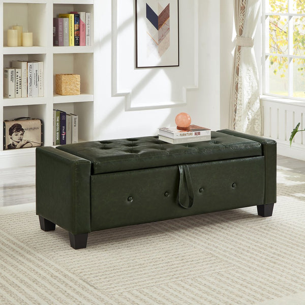English Elm 48" Storage Ottoman Bench with Tufted Faux Leather Upholstery, Solid Wood Frame & 300lb Capacity Dark Green W1097P338777