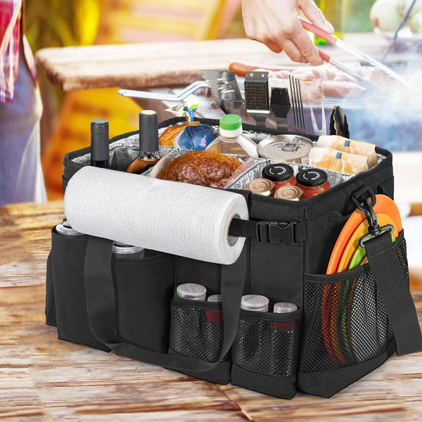 English Elm Picnic Bbq Caddy Bag with Aluminum Interior Mesh Pockets and Foldable Organizer W2181P481692